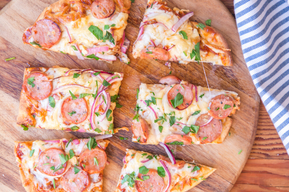 search 15-Minute BBQ Chicken Sausage Naan Pizza