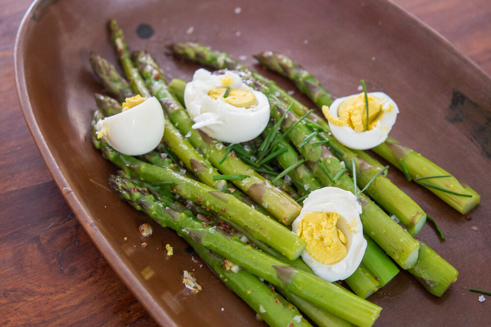Asparagus with Mustard Butter and Soft-Boiled Eggs