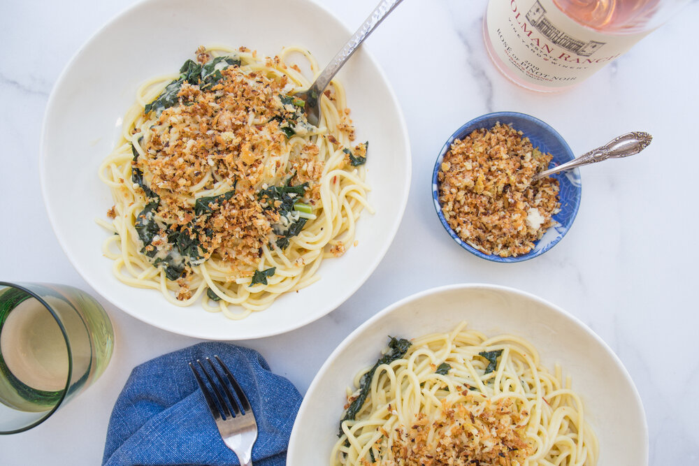 Cheesy Kale and Lemon Pasta with Crunchy Lemon-Parm Breadcrumbs