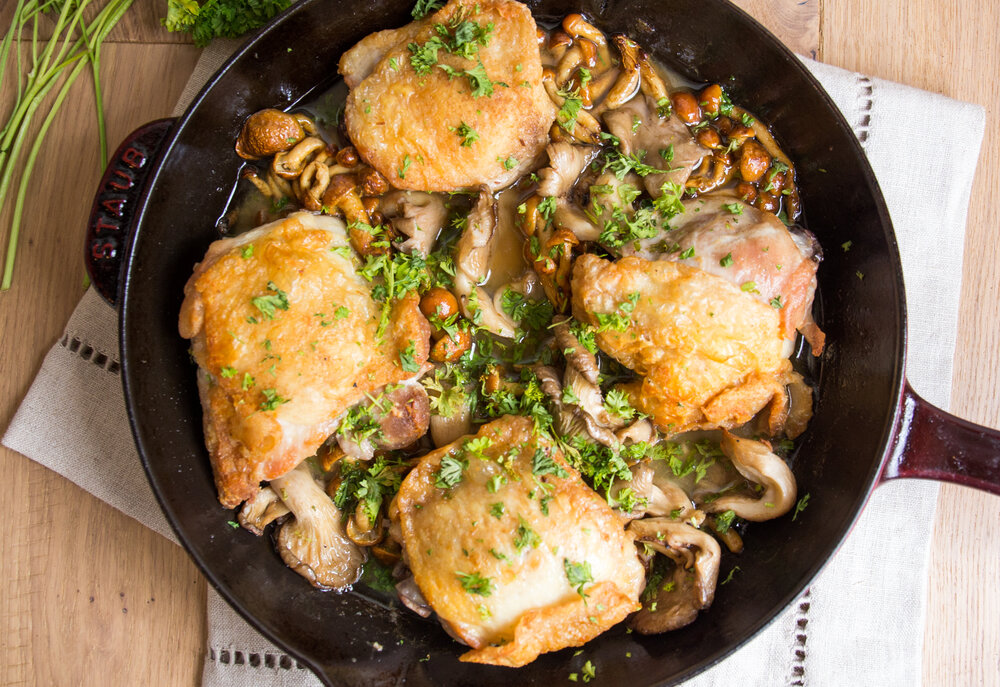 One-Skillet Crispy Chicken Thighs and Mushrooms