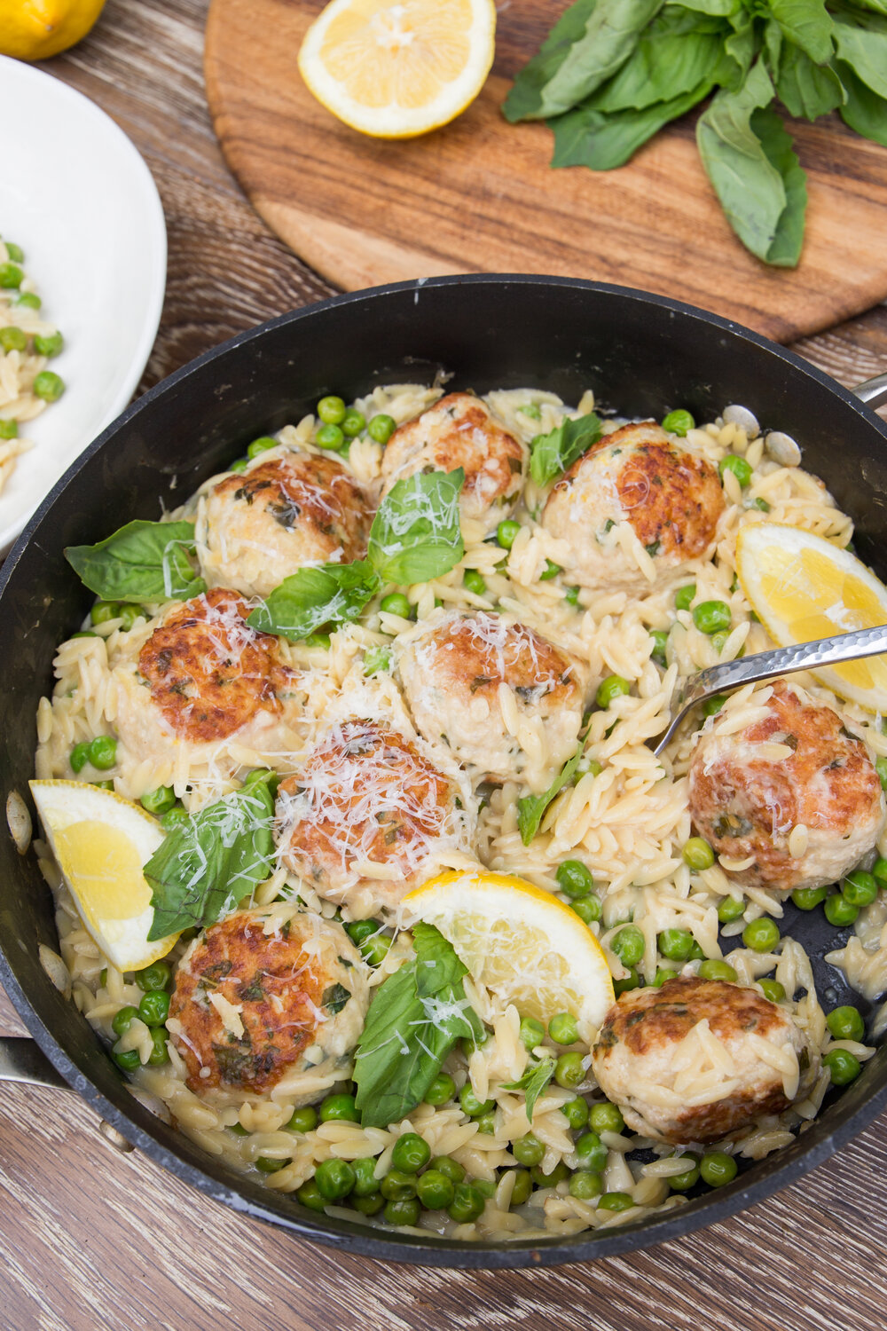 One-Pan Basil Chicken Meatballs With “Orzotto”