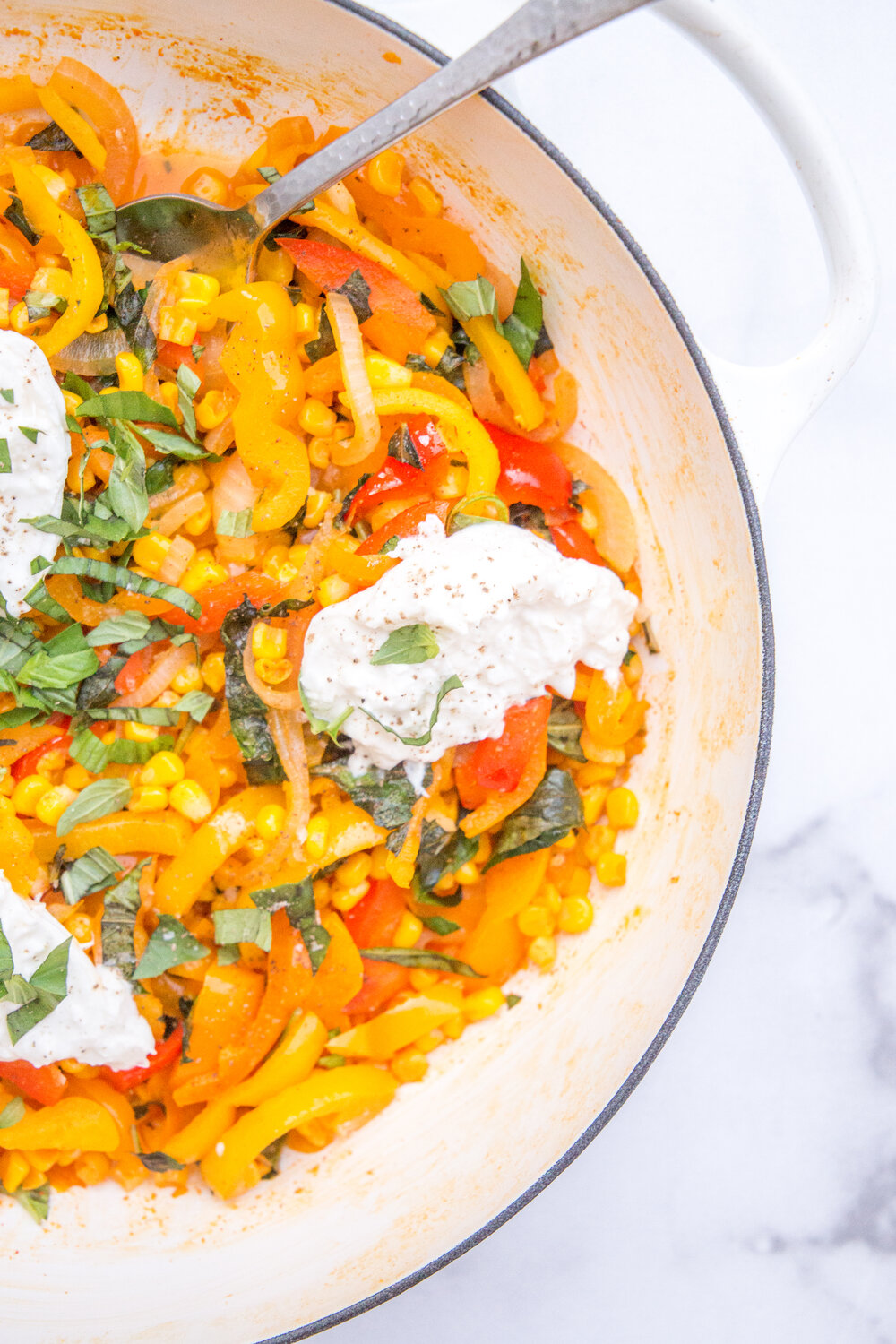 Buttery Corn and Peppers with Burrata and Basil