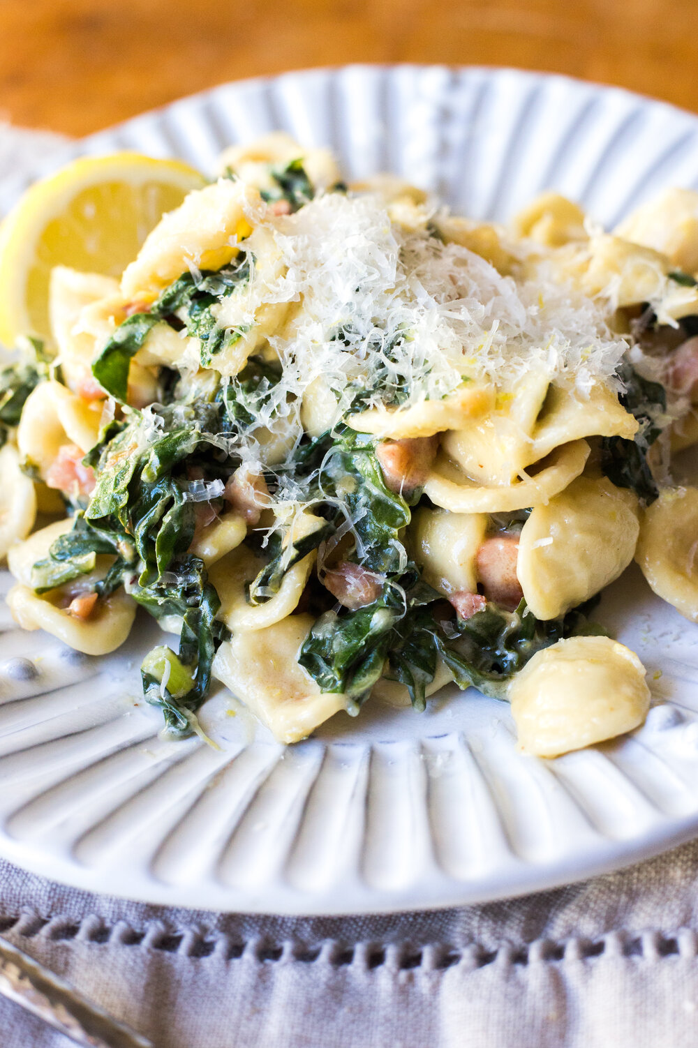 Creamy Lemon Pasta With Pancetta and Spring Greens