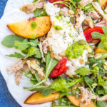 Summer Salad with Shredded Chicken, Peaches, Tomatoes, Burrata, and Herby Vinaigrette