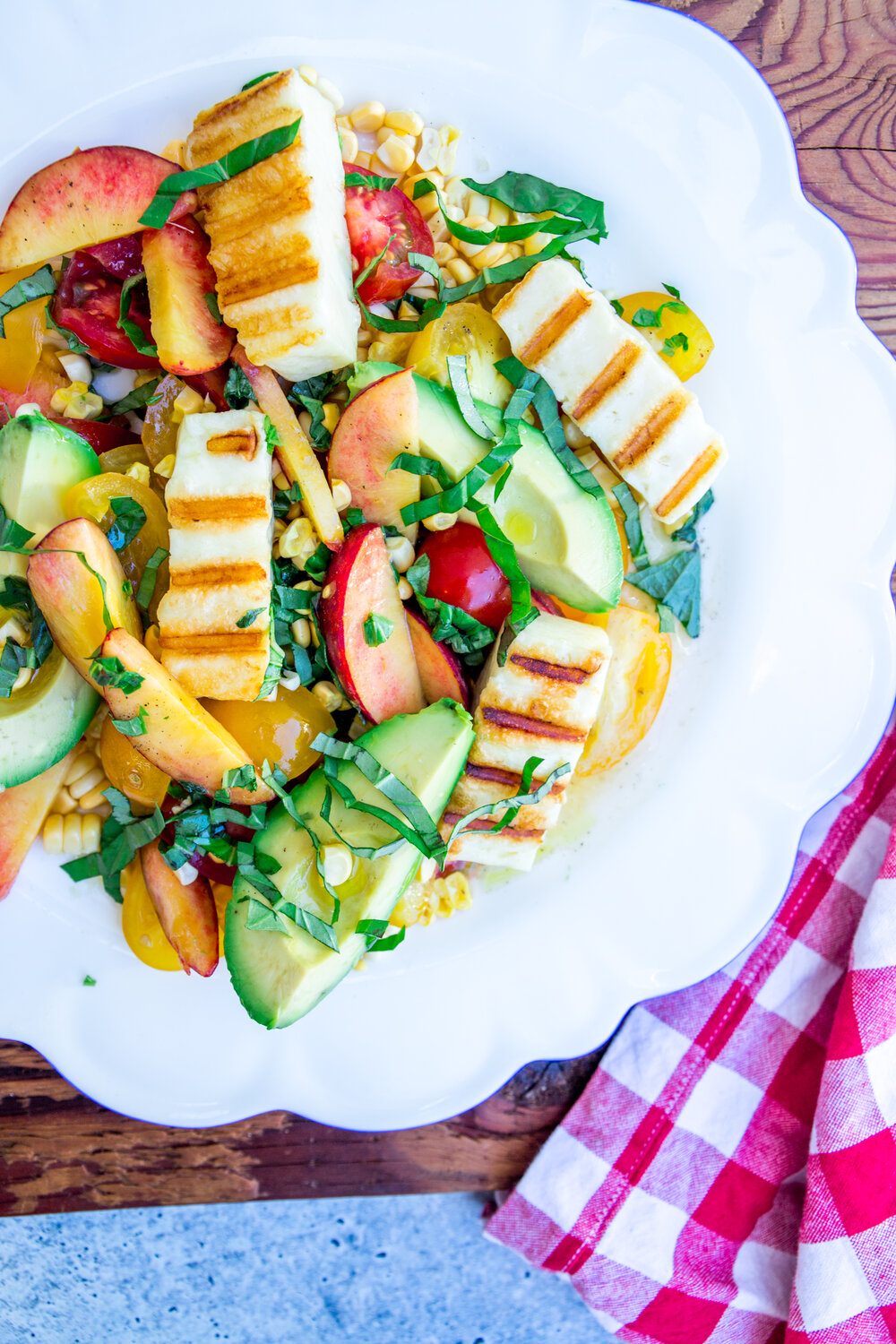 Summer Tomato, Corn and Peach Salad with Avocado and Grilled Halloumi