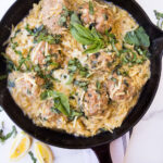 One-Pan Cheddar-Basil Turkey Meatballs with Cheesy Lemon Orzotto