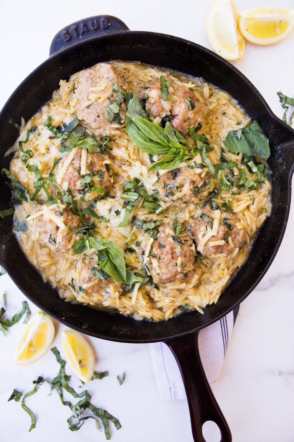 One-Pan Cheddar-Basil Turkey Meatballs with Cheesy Lemon Orzotto
