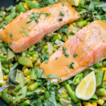 One-Skillet Lemon Butter Salmon with Summer Succotash and Chipotle Honey Mustard Sauce