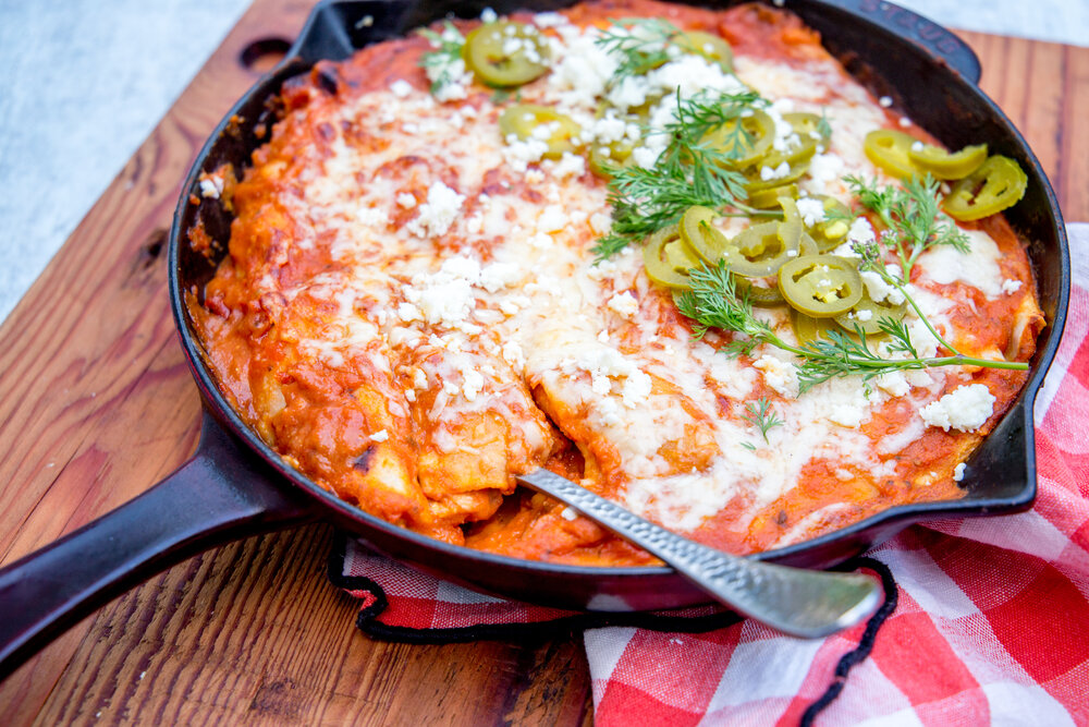 One-Skillet Refried Bean and Roasted Red Pepper Enchiladas