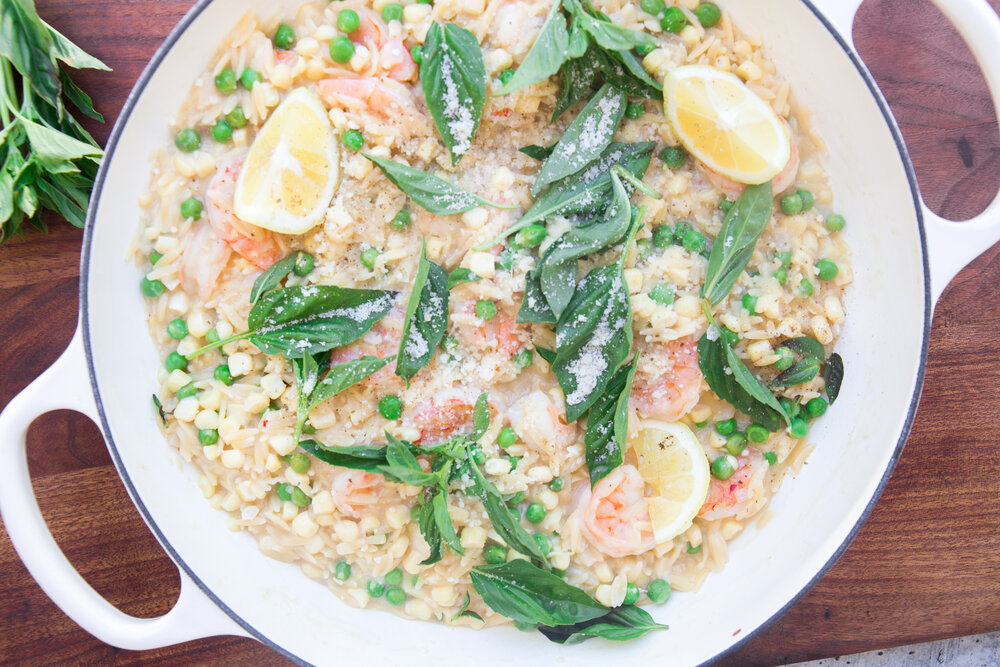 One-Pot Cheddar, Corn, and Basil Orzotto with Shrimp