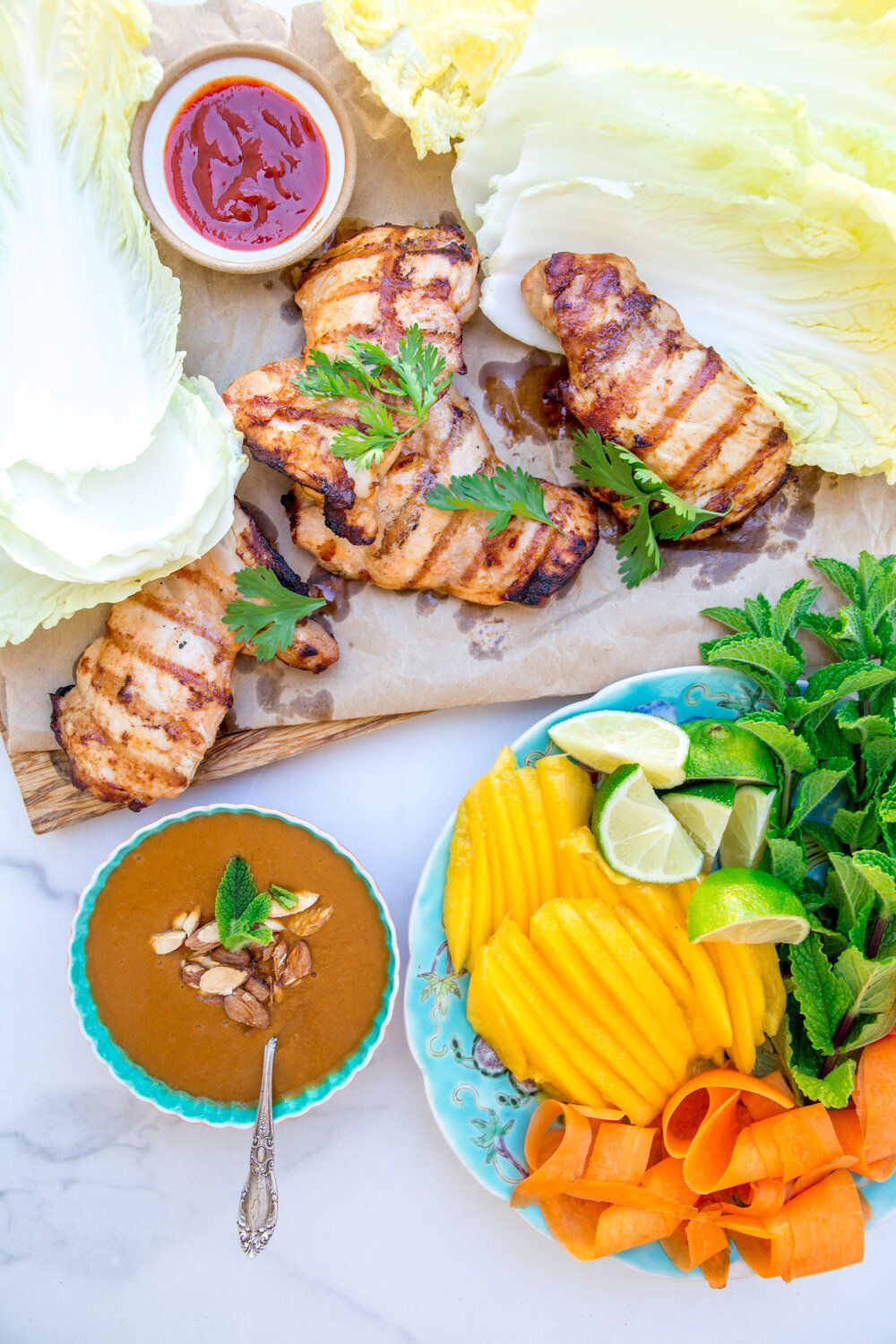 Grilled Sriracha-Soy Chicken Lettuce Wraps with Sriracha Almond Butter Sauce