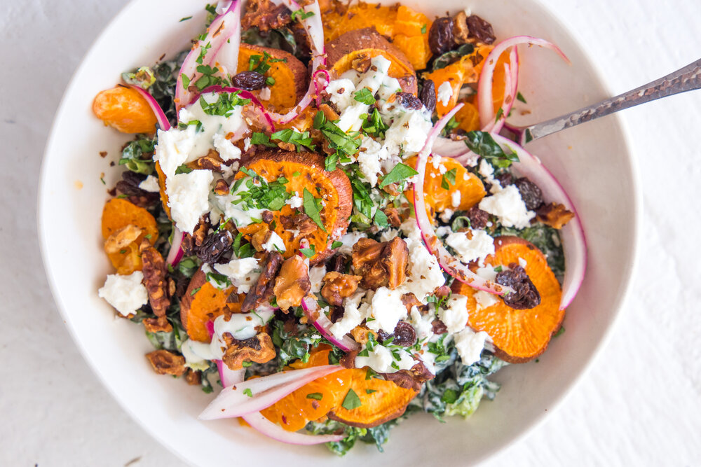 Souvla-Inspired Roasted Sweet Potato Kale Salad with Greek Yogurt Ranch