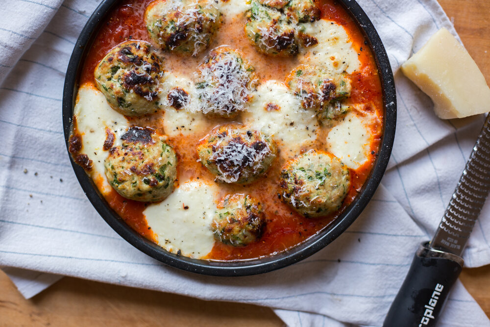 One-Pan Turkey-Spinach Meatball Parm