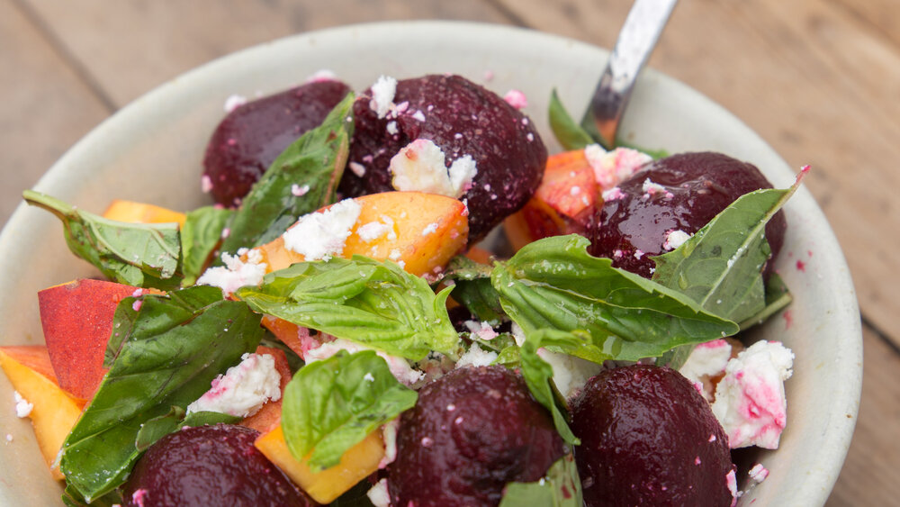 Balsamic Roasted Beet, Peach, and Goat Cheese Salad