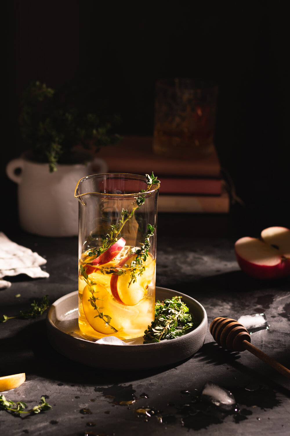 Whiskey cocktail with apple juice and thyme
